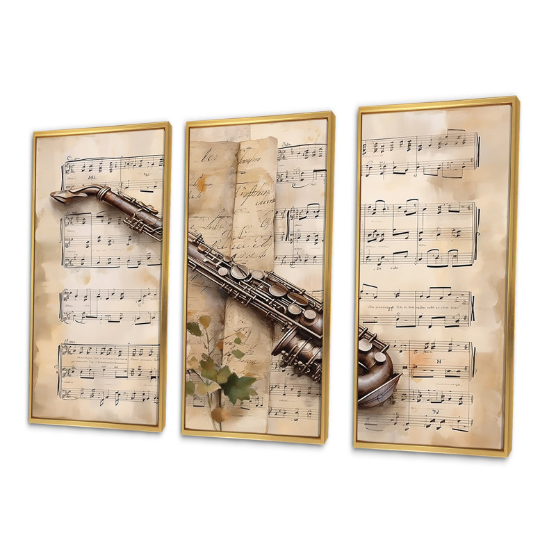 Clarinette classique Timeless Taupe IV - ensemble d'art sur toile, Cadre flottant doré, H 28 po x l 36 po x P 1 po