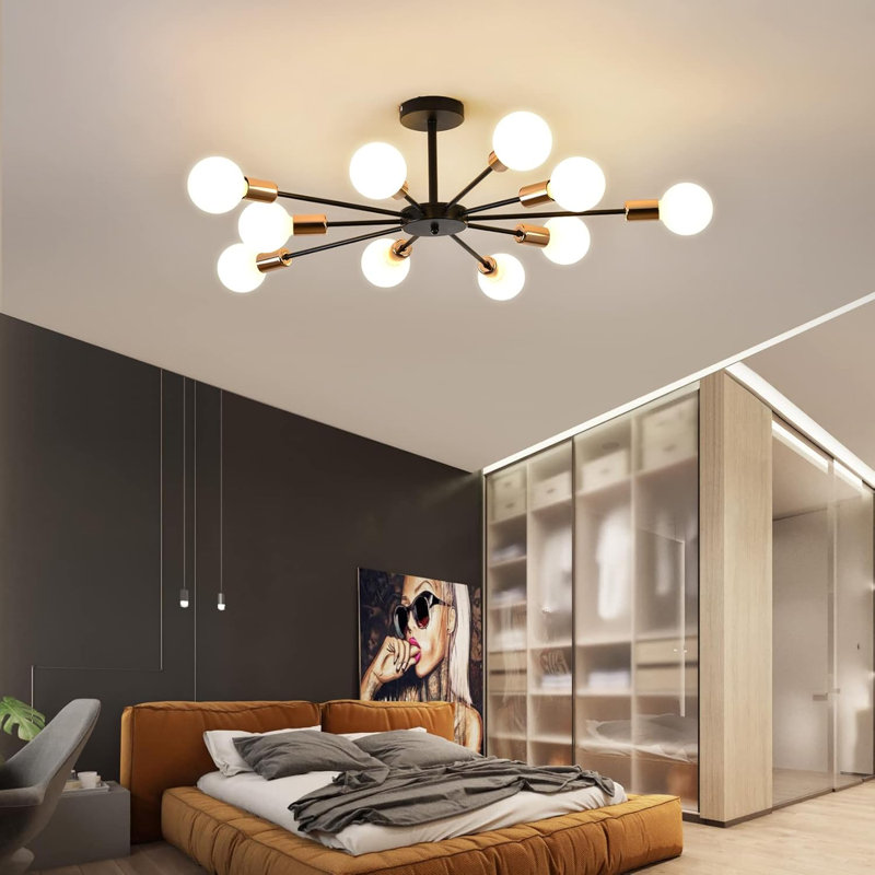 Industrial Modern Sputnik Chandelier Flush Mount Ceiling Light Fixture With Metal Art Design For Farmhouse Kitchen Living Room Dining Room