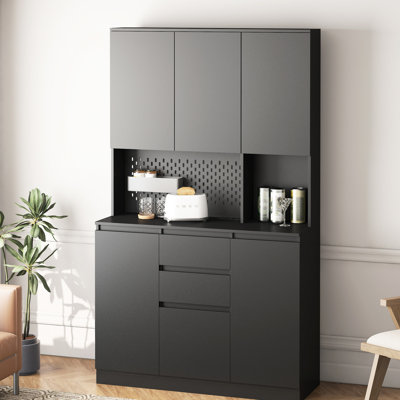 Garde-manger autoportant de 74 po avec 6 portes, 3 tablettes, 2 tiroirs, ports de charge, noir pour armoire de cuisine d'organisation de maison, prises polyvalentes