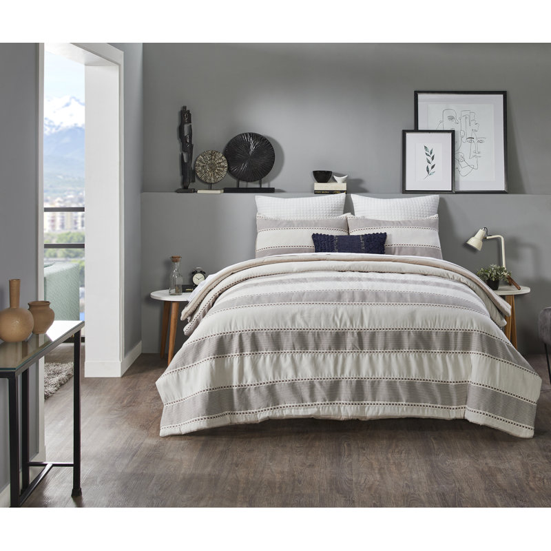 Janson Polyester Jacquard Striped Comforter, Ivory/Taupe Striped, Queen Comforter + 2 Standard Shams
