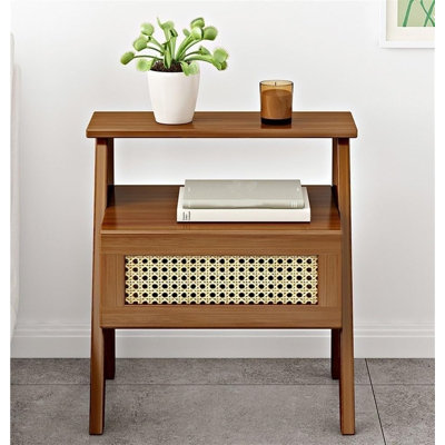 Modern Solid Wood Side Table with Rattan Drawer – 2-Tier Nightstand with Open Storage Shelf by Bay Isle Home