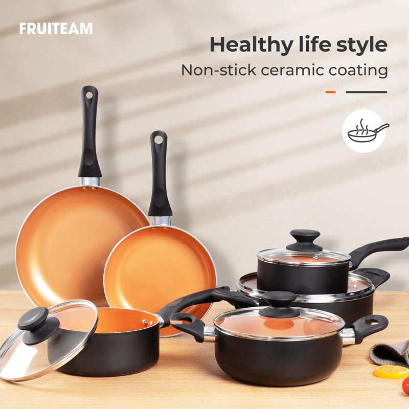 10-Piece Copper and Black Non-Stick Cookware Set with Wooden Handles
