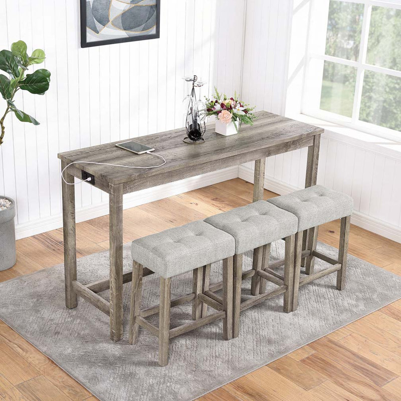 Bar Table Set with Power Outlet, Bar Table and Chairs Set, Brown