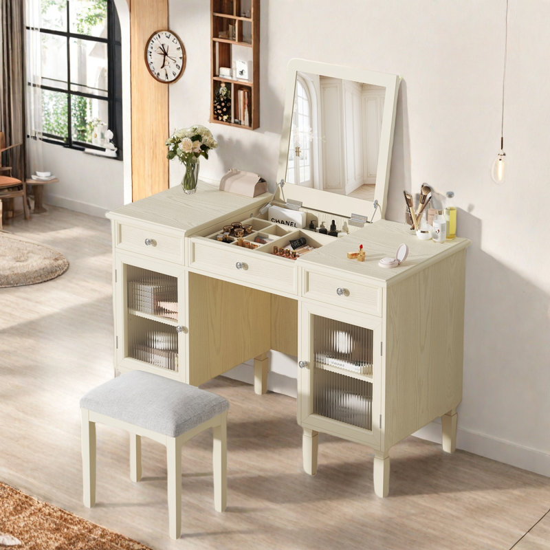  Bureau de coiffeuse 2 en 1 avec miroir rabattable, tiroir et armoire