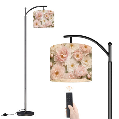 Arc Floor Lamp Soft Blush Peony Rose Floral Pastel Pink Cream Floor Lamps with Remote LED Lights Adjustable Lamp Shades Tall Standing Lamps for Reading Office Living Room