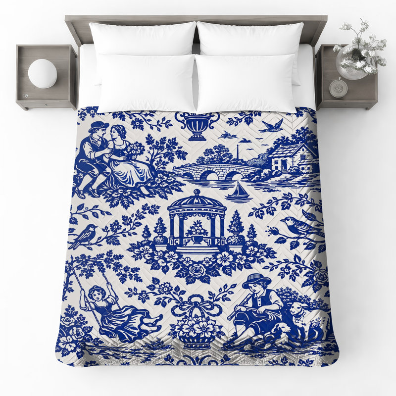 Blue Toile Pattern Quilted Thin Bedspread, Twin