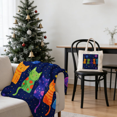 Christmas Space-Themed Colorful Cat 2-Piece Cozy Gift Set: 30x40 Inch Flannel Blanket + 15.75x13.78 Inch Canvas Tote – Festive Holiday Pet-Themed Home Decor Bundle