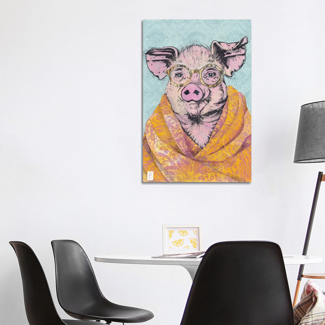 Pig In A Cashmere Shawl von Sharlene Loomis - Galerie-verpackte Leinwand Giclée auf Leinwand