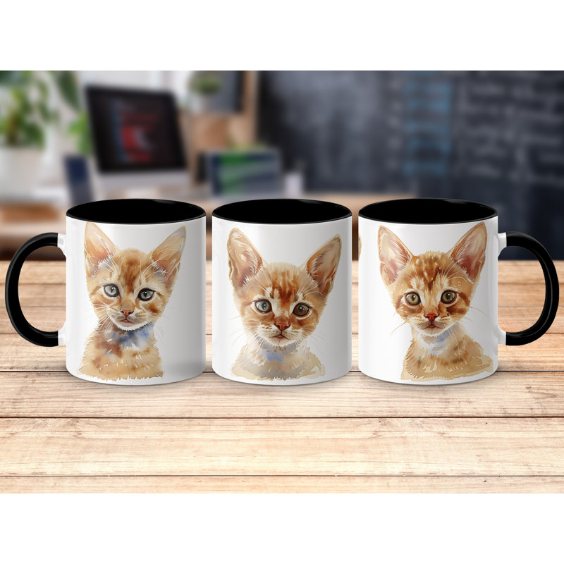 Cat Design 11oz Accent Mug – White Ceramic Coffee Cup with Colored Handle and Interior, 2, Black