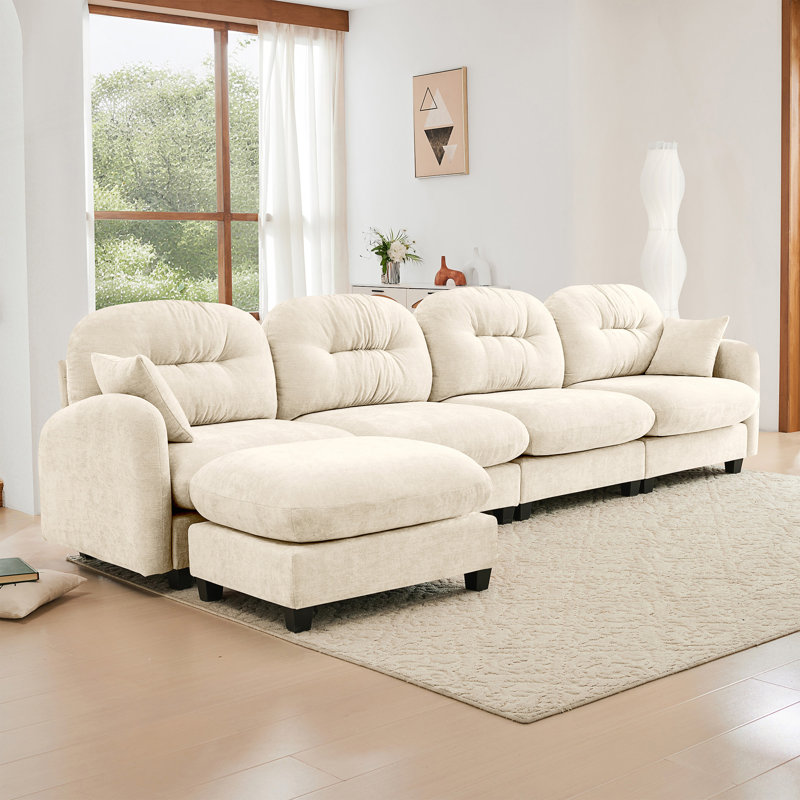Canapé modulaire en L modulaire avec repose-pieds, tissu chenille doux, support ergonomique et dossier capitonné.