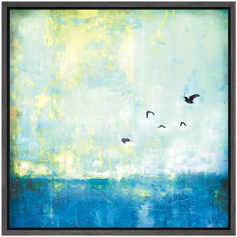 Birds Flying Over a Blue Ocean Green Field Abstract Wildlife Modern Art Rustic, Noir, H 16 po x l 16 po x P 1,5 po