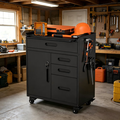 Heavy-Duty Rolling Tool Cabinet: Features A Lockable, Private Compartment And Four Drawers For Highly Practical, Organized Storage.