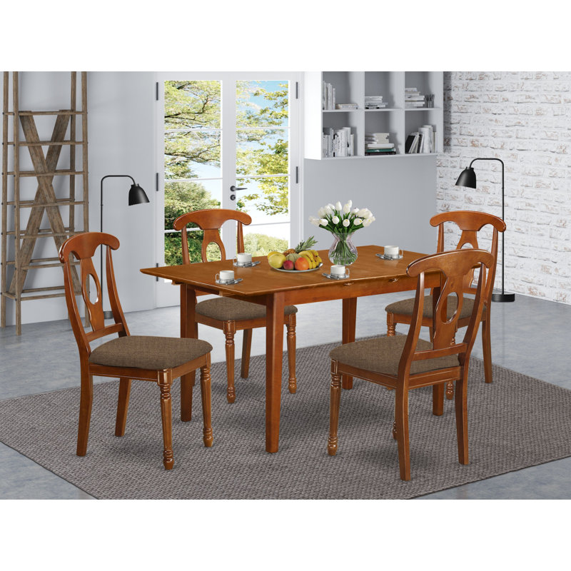 Ensemble de 5 pièces pour coin-repas pour 4 personnes comprenant une table de salle à manger rectangulaire avec rallonge papillon et 4 chaises de salle à manger en lin, brun selle