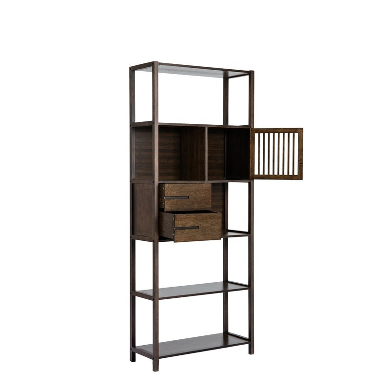 Bibliothèque droite en bambou avec armoire Cappuccino, (5 Shelves) 68"H x 28"W x 11.5"D, Cappuccino