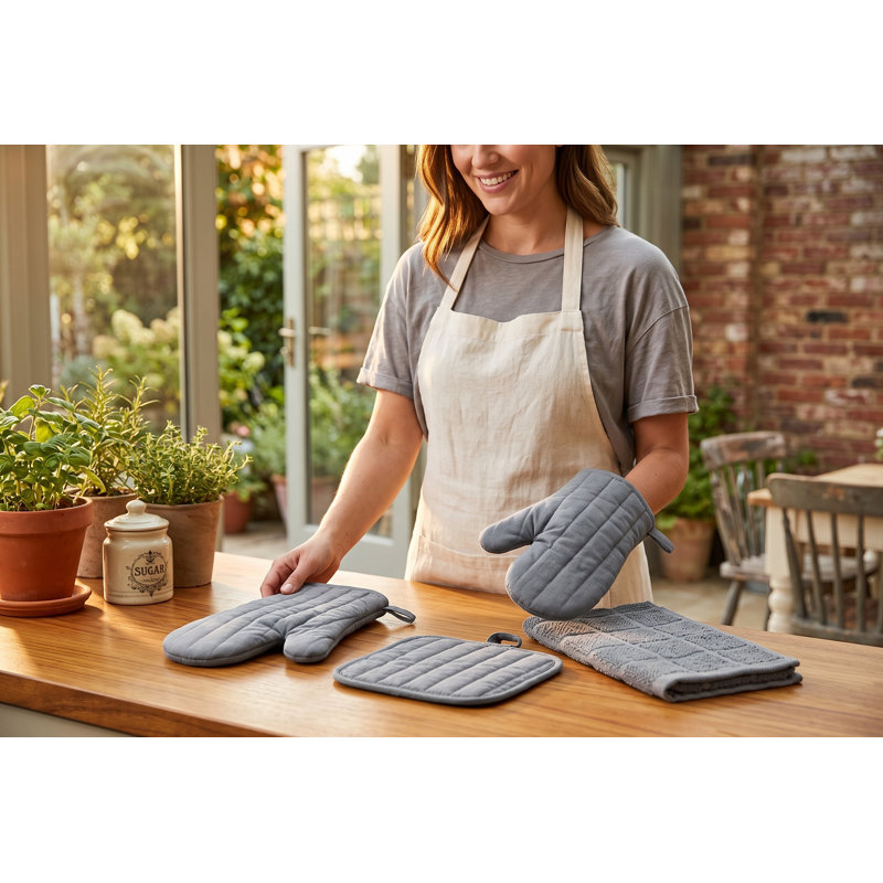 Ensemble de cuisine 4 pièces en coton comprenant 2 maniques, 1 gant de cuisine et 1 torchon éponge - Linge de maison matelassé résistant à la chaleur, gris uni