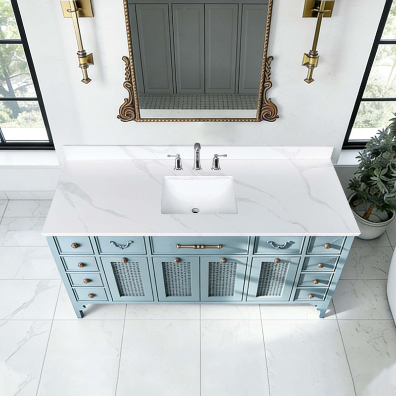 Plateau de meuble-lavabo en quartz de qualité supérieure avec lavabo encastré intégré et dosseret haut