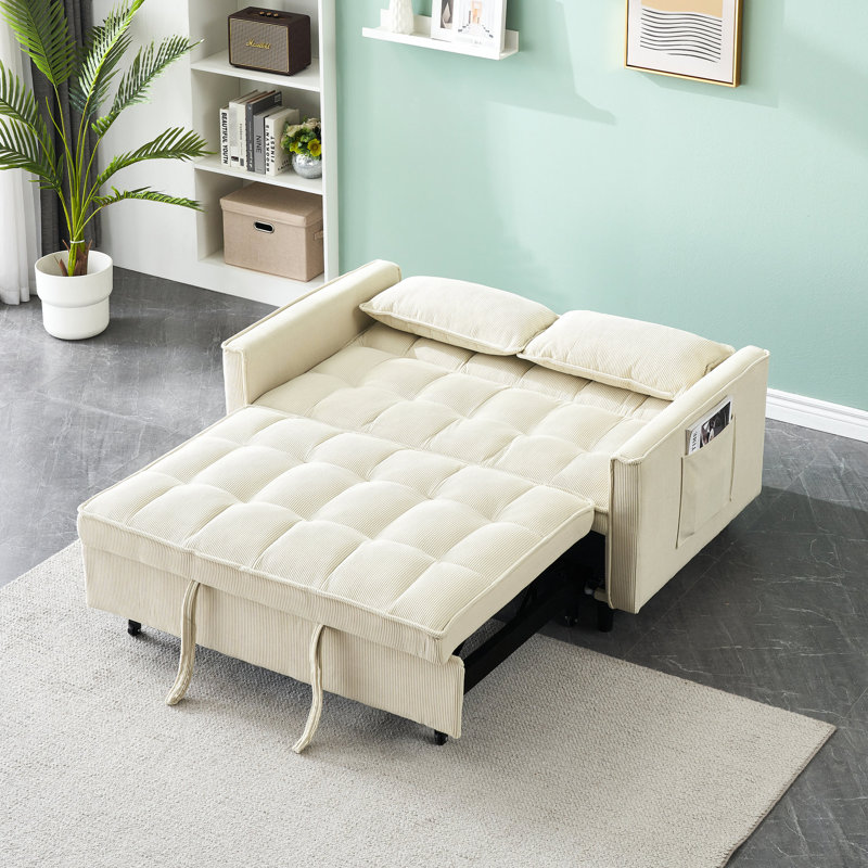 Lit simple tapissier de 53,73 pouces avec velours côtelé beige, support de planches, 2 coussins en éponge et cadre de panneau en bois massif, lit moderne décoré à la maison, coussins rembourrés, décoration de bureau