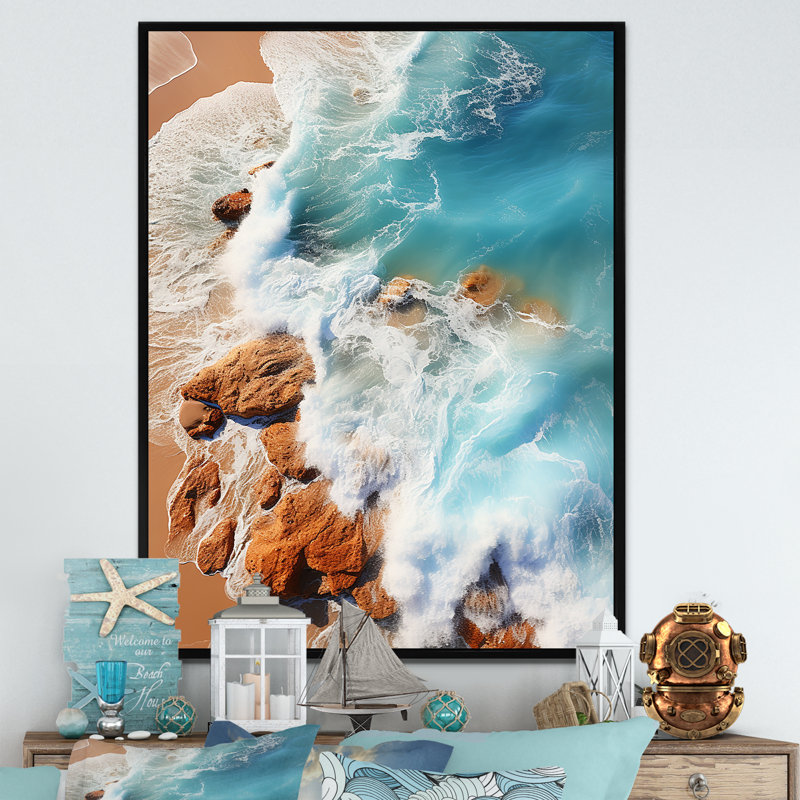 Vue aérienne de Rocky Beach II - plage, art mural, Cadre flottant noir, H 32 po x l 24 po
