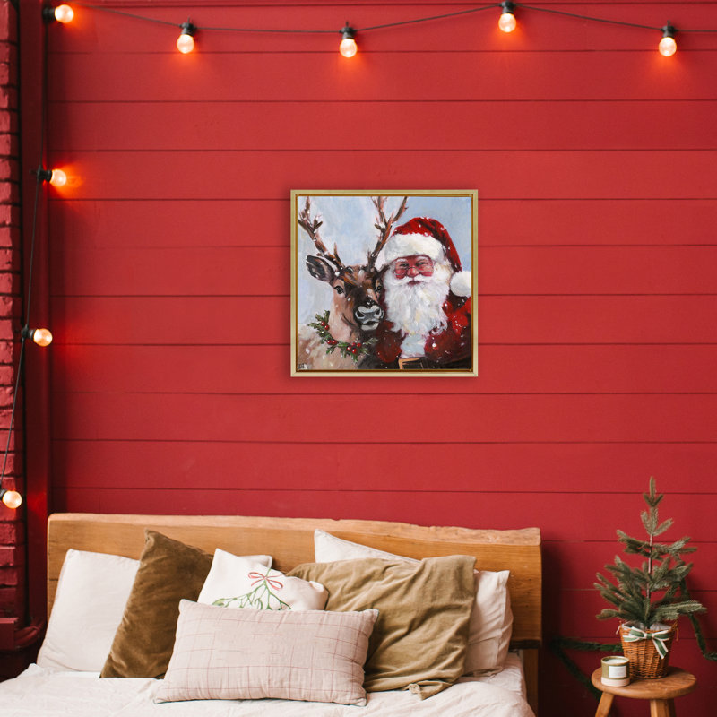 Cadre flottant Rosy Cheeked Santa & Reindeer, design par Sara Culpepper, H 18 po x l 18 po, Cadre flottant métallique doré