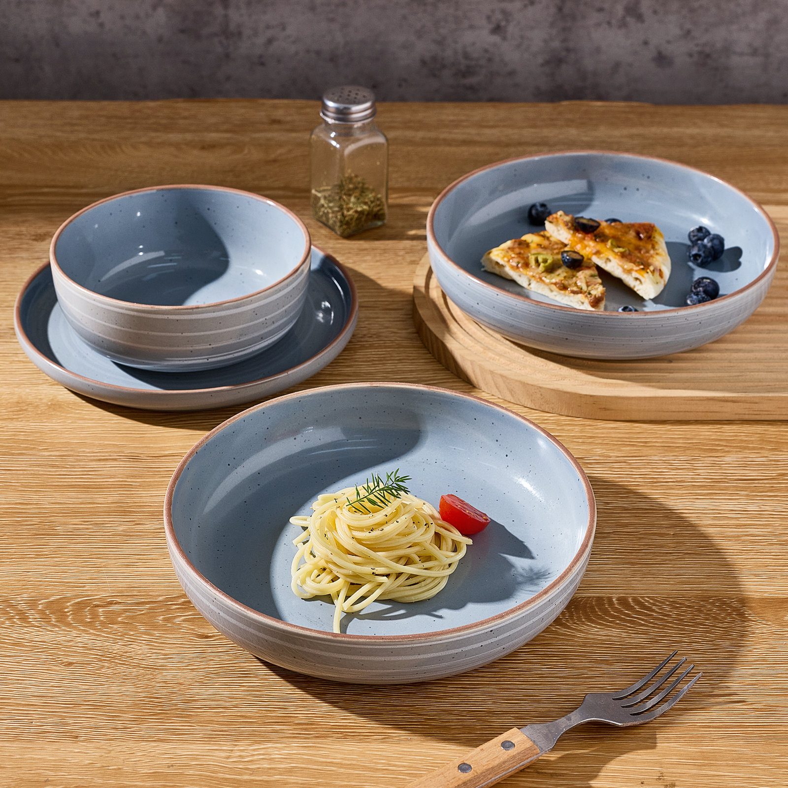 8.5" W Striped Round Pasta Bowls, Grayish Blue