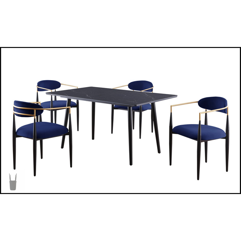 Ensemble de salle à manger 5 pièces moderne avec table en pierre frittée noire et chaises rembourrées en tissu bleu, mobilier élégant et fonctionnel