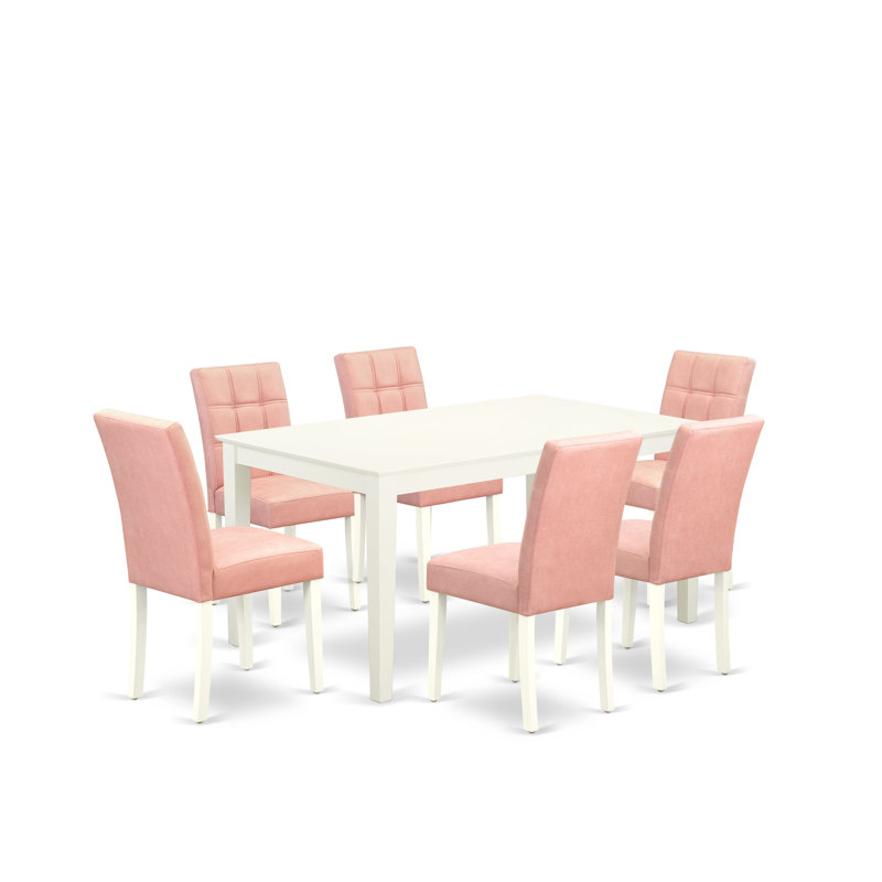 7 Piece Modern Dining Table Set Includes A Dinner Table and 6 Beige Red Polyester Fabric Wood Chairs with Stylish Back- Linen White Finish