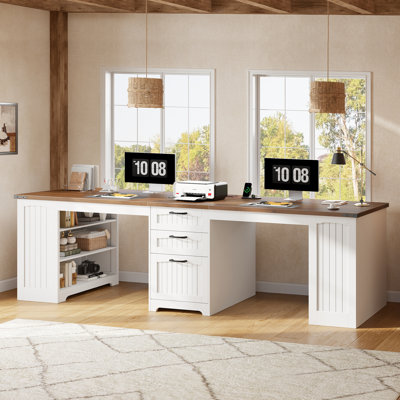 2 Person Desk With Drawers And Charging Station, Farmhouse Computer Desk For Home Office, File Drawer For A4/letter/legal Files