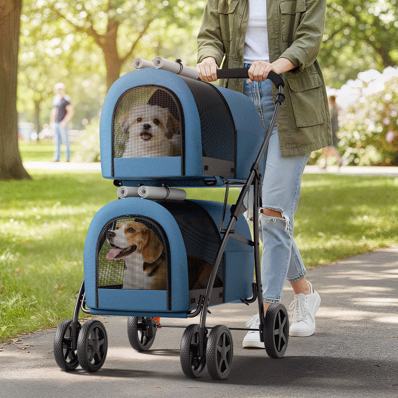 Foldable Pet Stroller with Double Detachable Carriers, Folding Dog Cat Jogger Stroller with Tether, Blue/Gray