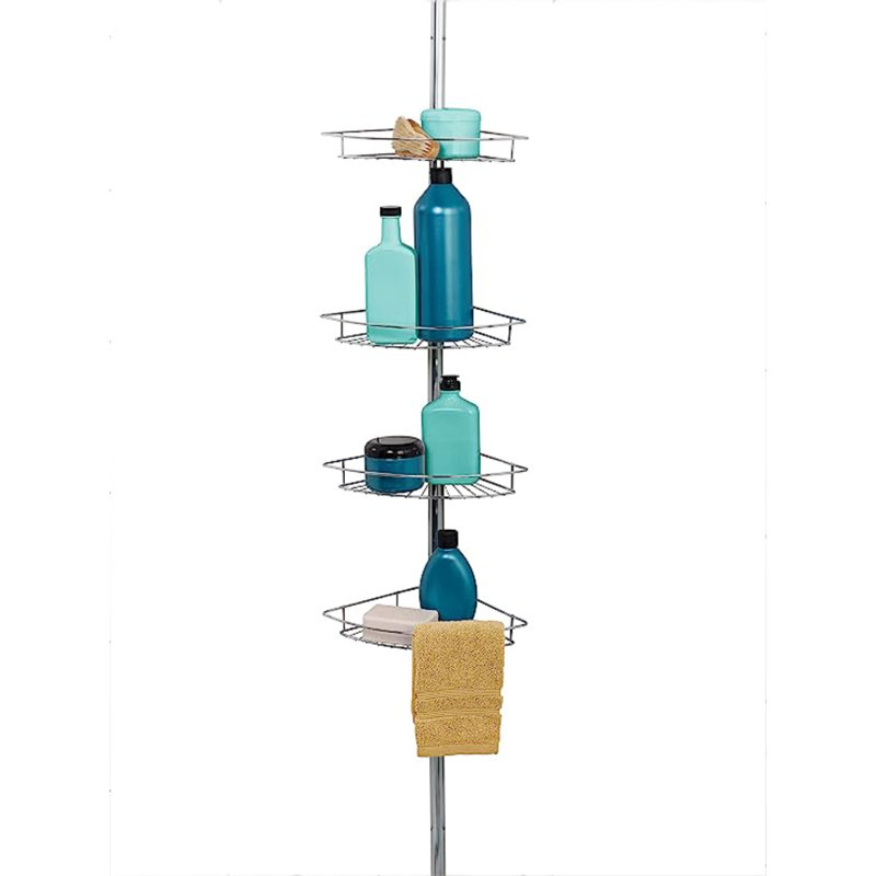 Serviteur de douche Tension Pole, 4 tablettes de panier avec barres à serviettes intégrées, réglables, 60 à 97 pouces, Chrome