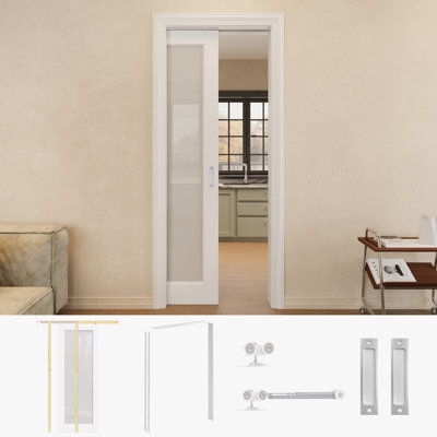 26" x 80" 1-Lite Frosted Glass Sliding Closet Pocket Door with Silver Hardware & White Pocket Door Frame / Handle