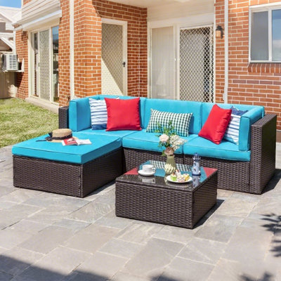 5 Piece Patio Conversation Set All Weather Wicker Rattan Patio Sofa Outdoor Sectional Seating Group With Cushions,Pillows & Glass Table For Porch,Lawn by Ebern Designs