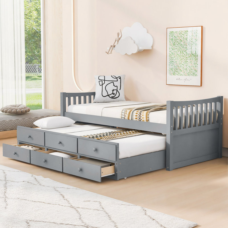 Lit de jour avec couchette et tiroirs, Gris, Lit simple
