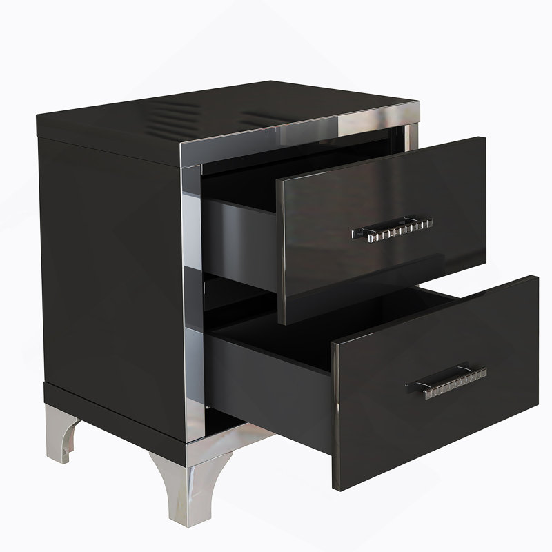 Elegant High Gloss Nightstand With Metal Handle, Black