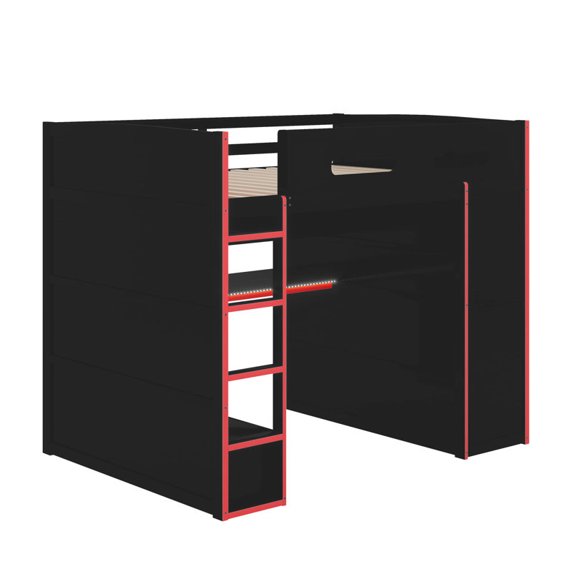 Full Size Wood Loft Bed With Desk,Wardrobe,Ample Storage Space,And RGB LED Light, Red