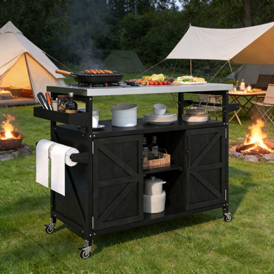 Rolling Outdoor Kitchen Island with Stainless Steel Top, Ample Storage, and Modular Design for Patio Grilling and Entertaining.