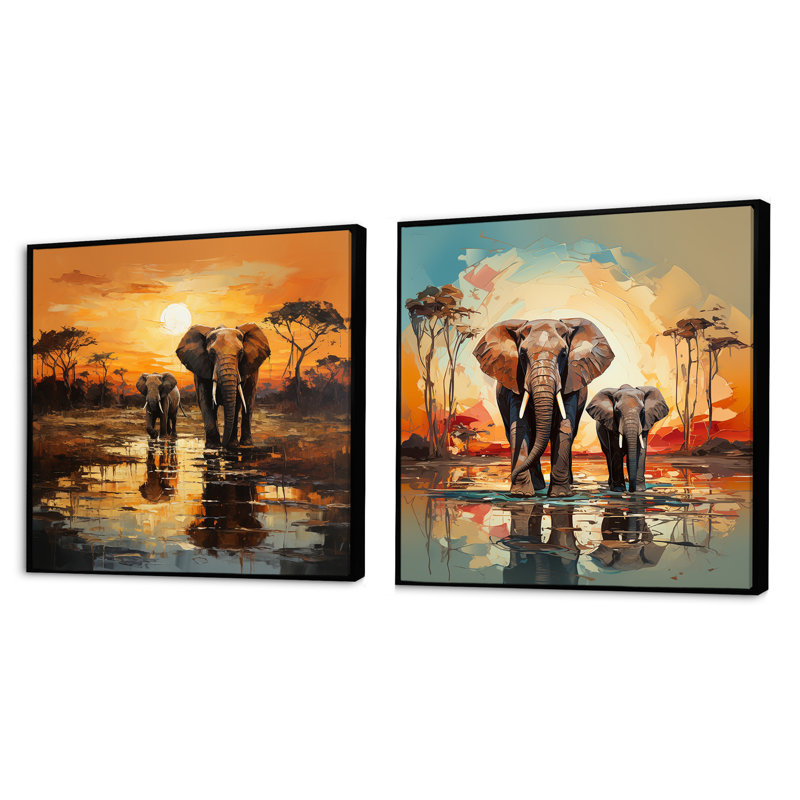 Éléphants d'Afrique gracieux en mouvement - Ensemble d'éléphants animaux, Cadre flottant noir, H 16 po x l 33 po