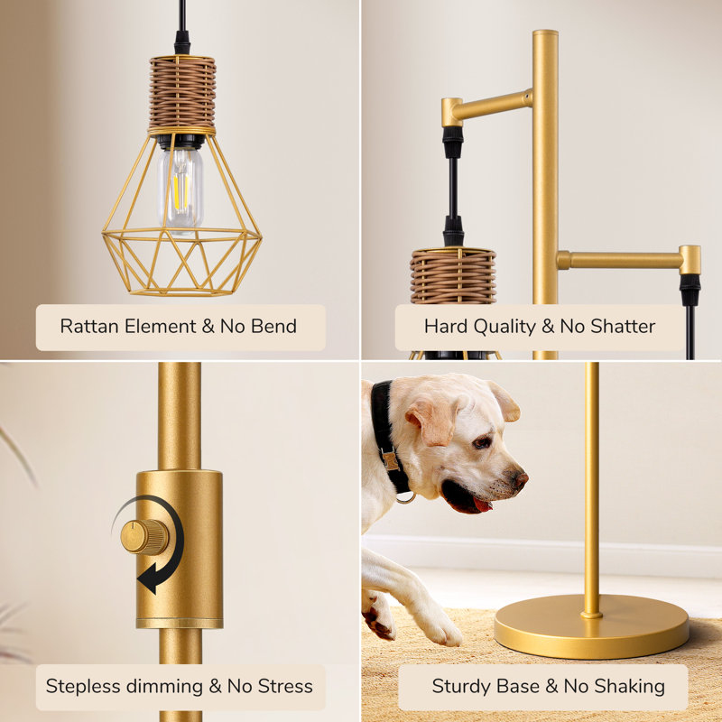 Crevan 65" Dimmable Rattan Tree Floor Lamp With 3 Bulbs Included, Gold