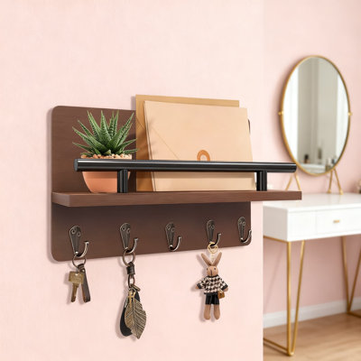 Porte-clés mural avec tablette et crochets, porte-clés rustique en bois pour l'organisation du vestibule, courrier, laisses et articles essentiels