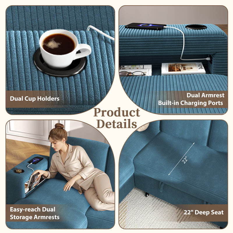 Modular Sleeper Sectional L-Shaped Couch Sofa Bed With Pull Out Bed And Storage Seat, Blue Corduroy