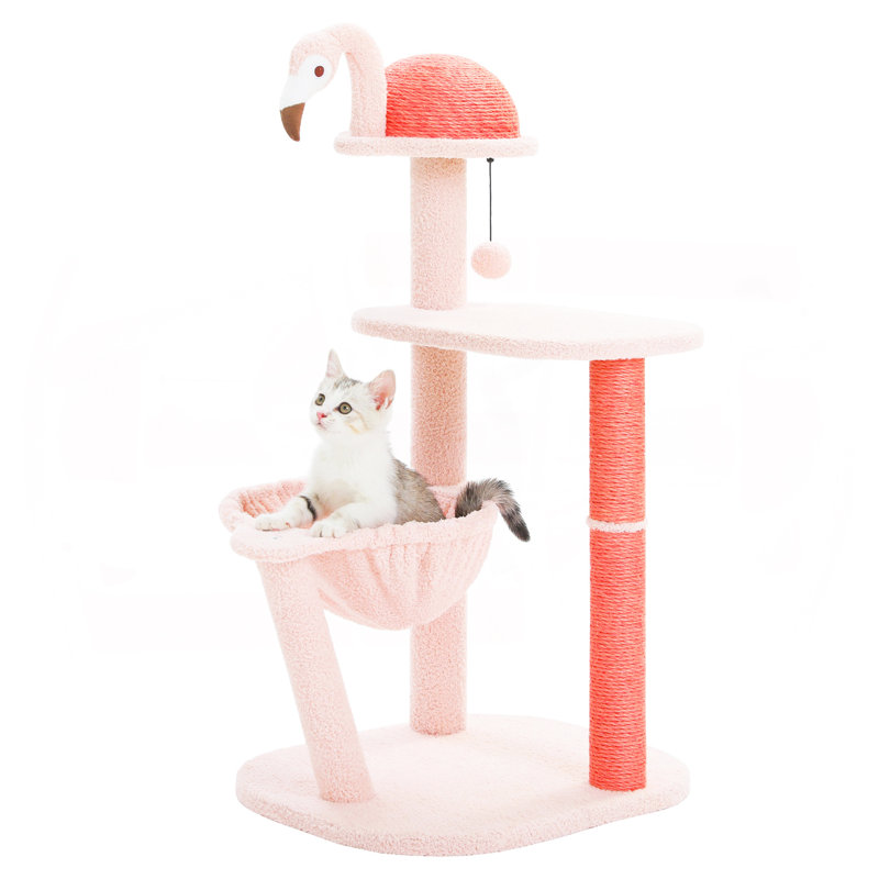 Arbre à chat, tour de chat mignon 37 po avec grand hamac et grattoir en sisal naturel, Rose clair