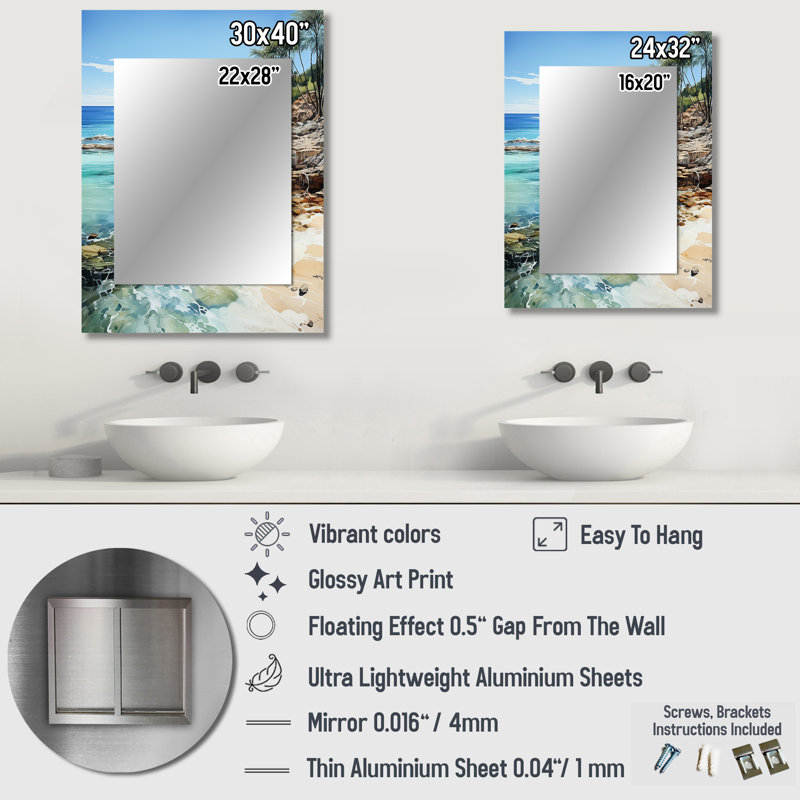 Beach Photo Tropical Paradise III - miroir décoratif de plage, miroir mural turquoise, impression sur métal, 32 po x 24 po