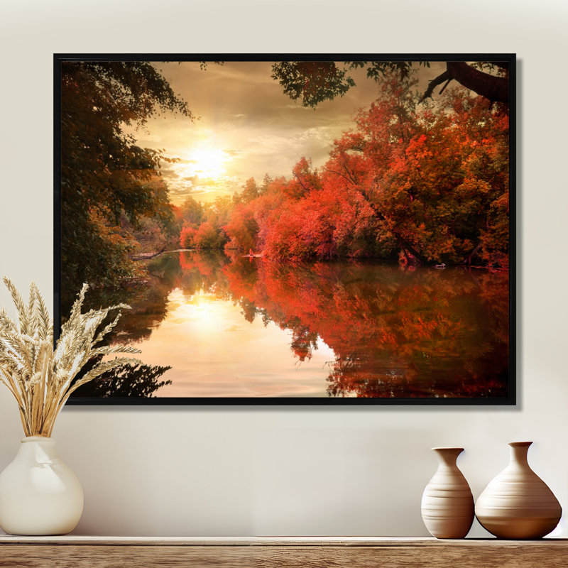 Paysage, coucher de soleil sur une rivière, photographie sur toile, Noir, Cadre flottant, H 24 po x l 32 po