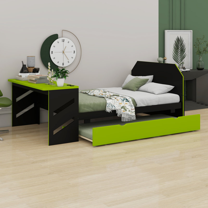 Wood Daybed With Trundle,Desk And USB, Green/Black
