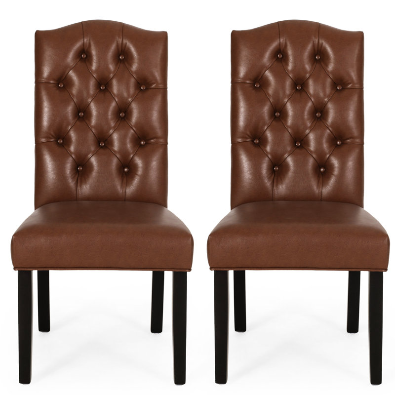 Chaises de salle à manger 2 kd, finition en cuir de polyuréthane brun, capitonnage à boutons tendance, coutures en losange intrigantes, pieds fuselés enchanteurs