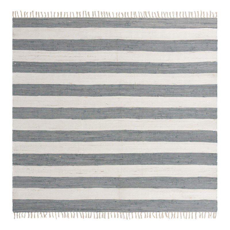 Tapis gris / blanc cassé en coton noué à la main Rinker, Carré 10 pi