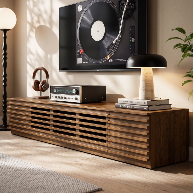 Meuble télé moderne à lattes de style Mid-Century, 70,8 po (180 cm), pour téléviseurs jusqu'à 80 po (203 cm), console multimédia basse à 5 compartiments avec porte abattante, noyer