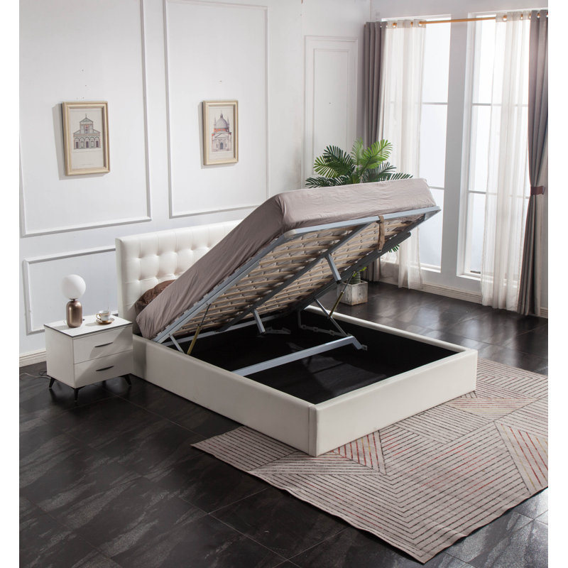 Lit plateforme tapissier capitonné avec rangement Baldriche, Double, Blanc