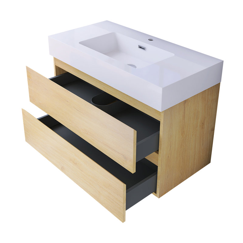36 po W Meuble-lavabo mural simple avec lavabo blanc, Naturel