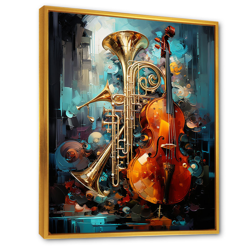 «Trombone Violen Tribute Jazzed Jade» sur toile, H 32 po x l 24 po x P 1 po, Cadre flottant doré