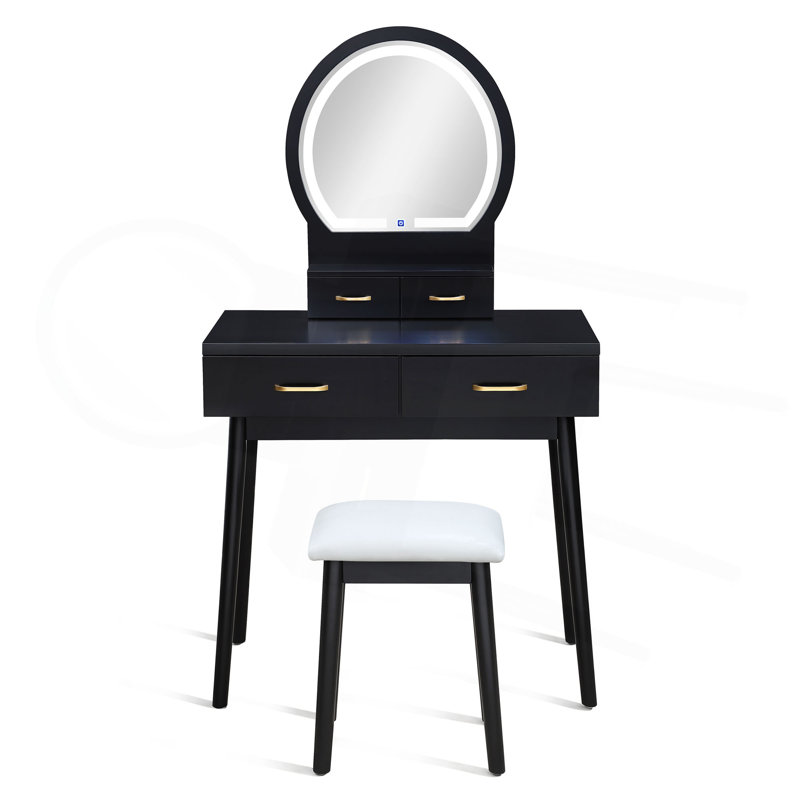 3Pc Vanity Table And Stool Set Built-In Led-Lit Mirror Matching Cushioned Stool Gold-Accented Handles Wooden Home Furniture